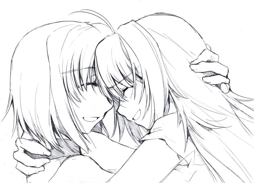 428 428:_fuusa_sareta_shibuya_de ahoge bare_shoulders canaan_(character) canaan_(series) chunsoft closed_eyes greyscale hug kapiko long_hair monochrome oosawa_maria open_mouth short_hair sketch smile yuri
