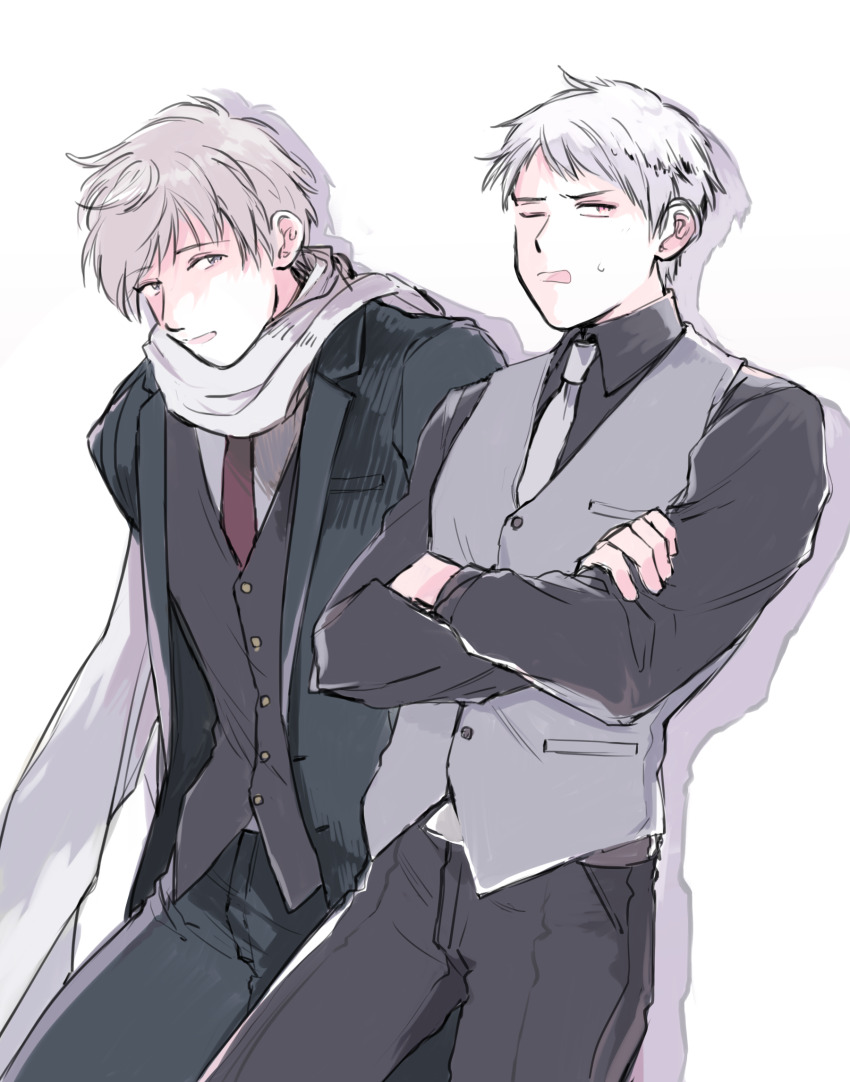 2boys axis_powers_hetalia black_jacket black_pants black_shirt buttons collared_shirt commentary_request cowboy_shot crossed_arms goro_nyanko grey_hair grey_shirt grey_vest highres jacket lapels long_sleeves looking_afar looking_at_another male_focus multiple_boys necktie one_eye_closed open_clothes open_jacket open_mouth pants pink_eyes prussia_(hetalia) purple_eyes red_necktie russia_(hetalia) scarf shirt short_hair simple_background smile standing sweatdrop teeth vest white_background white_necktie white_scarf