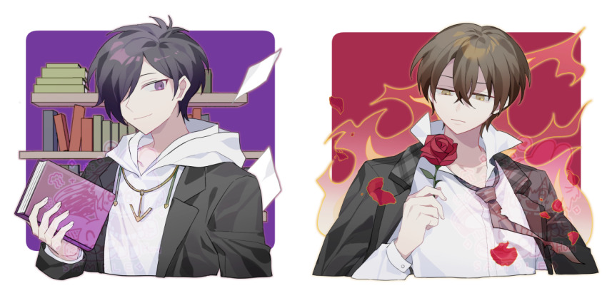 2boys aiba_ibuki alternate_costume anchor_necklace black_hair black_jacket book bookshelf brown_hair brown_necktie chinese_commentary closed_mouth collared_shirt commentary_request cropped_torso crossed_bangs double-parted_bangs fire flower hair_between_eyes hair_over_one_eye holding holding_book holding_flower hood hood_down hoodie jabuchi_you jacket jacket_on_shoulders jacket_over_hoodie jewelry long_sleeves male_focus multiple_boys necklace necktie open_clothes open_jacket popped_collar purple_eyes red_flower red_rose rose saibou_shinkyoku sakuraihum shirt short_hair smile suit_jacket watermark white_hoodie yellow_eyes