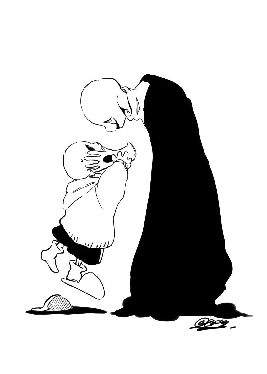 1boy 2boys absurdres black_shorts greyscale grin highres jacket male_focus monochrome multiple_boys sakekuzu_no_ame sans_(undertale) shorts simple_background skeleton slippers smile sweatdrop teeth twitter_username undertale w.d._gaster white_background