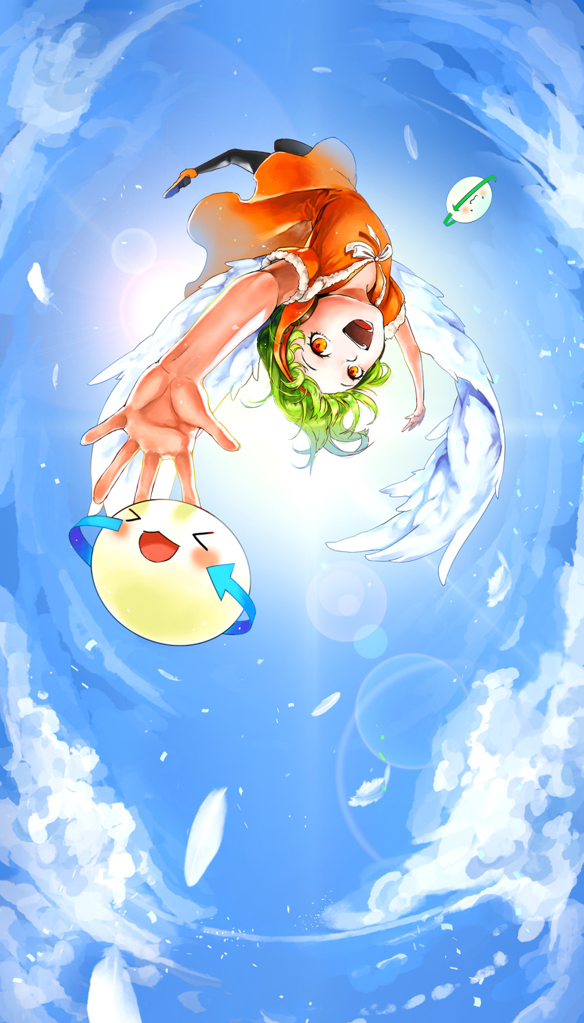 1girl :d absurdres arms_up arrow_(symbol) black_pantyhose blue_sky bow bowtie chunithm cloud commentary dress english_commentary falling feathered_wings feathers flat_chest floating_hair freedom_dive full_body fur-trimmed_sleeves fur_trim headphones highres lens_flare looking_at_viewer open_mouth orange_dress orange_eyes orange_shoes outdoors pantyhose rapo_01 reaching shoes short_hair short_sleeves sky sky_feather_(chunithm) smile solo sun upside-down white_bow white_bowtie white_wings wings