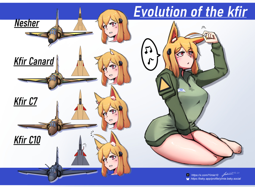 1girl ahoge aircraft airplane animal_ear_fluff animal_ears blonde_hair bluesky_username breasts canards commentary english_text fighter_jet highres israel israeli_flag medium_hair military_vehicle musical_note orange_eyes original personification speech_bubble spoken_musical_note yimie10