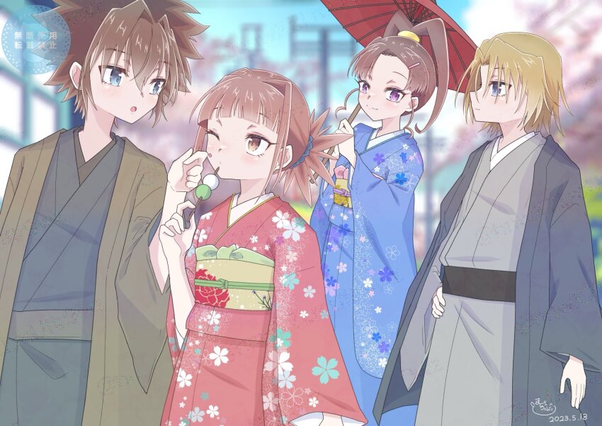 amano_nene_(digimon_xros_wars) aonuma_kiriha digimon digimon_xros_wars highres hinomoto_akari japanese_clothes kimono kudou_taiki