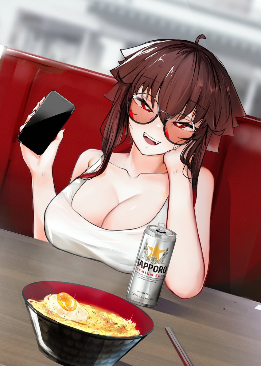 1girl :d absurdres ahoge alcohol bare_shoulders beer beer_can black-framed_eyewear blurry blurry_background blush bowl breast_rest breasts breasts_on_table brown_hair can cellphone chopsticks cleavage collarbone drink_can dutch_angle egg egg_(food) elbow_rest fangs food glasses hair_between_eyes head_rest highres holding holding_phone indoors large_breasts liz_(nin_fake) long_hair looking_at_viewer multicolored_hair nin_fake noodles open_mouth original phone ramen red_eyes red_hair sitting smartphone smile solo table tank_top teeth upper_teeth_only white_tank_top