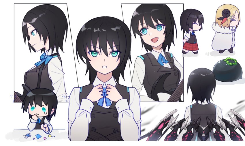 2girls absurdres aoi_erika black_hair blonde_hair bow breasts green_eyes hair_ornament heaven_burns_red highres leaf_wreath minase_ichigo molingxiang_chimangguo multiple_girls narvy_(heaven_burns_red) shirt short_hair vest white_shirt