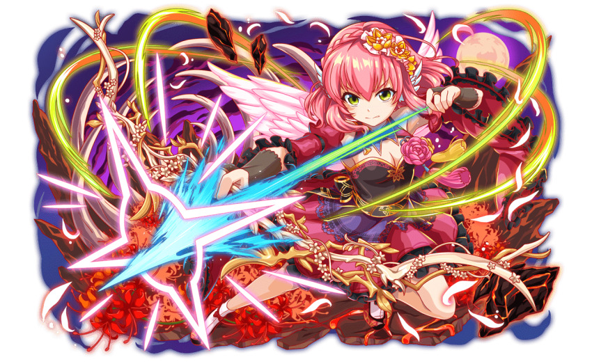 1girl ankle_bow ankle_ribbon arrow_(projectile) artist_request back_bow beoseon bow bow_(weapon) braid breasts bridal_gauntlets cleavage crash_fever crown_braid detached_collar detached_sleeves ear_wings flower frilled_skirt frilled_sleeves frills full_body full_moon game_cg gloves gomusin green_eyes grey_gloves hair_between_eyes hair_flower hair_ornament hanrakgungi_(crash_fever) holding holding_bow_(weapon) holding_weapon juliet_sleeves korean_clothes lace lace-trimmed_skirt lace_trim light_particles long_sleeves medium_breasts moon norigae official_art outline parted_lips pink_hair pink_wings puffy_sleeves purple_sky red_bow red_flower red_outline red_skirt red_sleeves ribbon saturated serious sidelocks skirt sky sleeveless socks solo spider_lily tachi-e transparent_background v-shaped_eyebrows weapon white_flower white_socks white_wings wide_sleeves wings yellow_flower