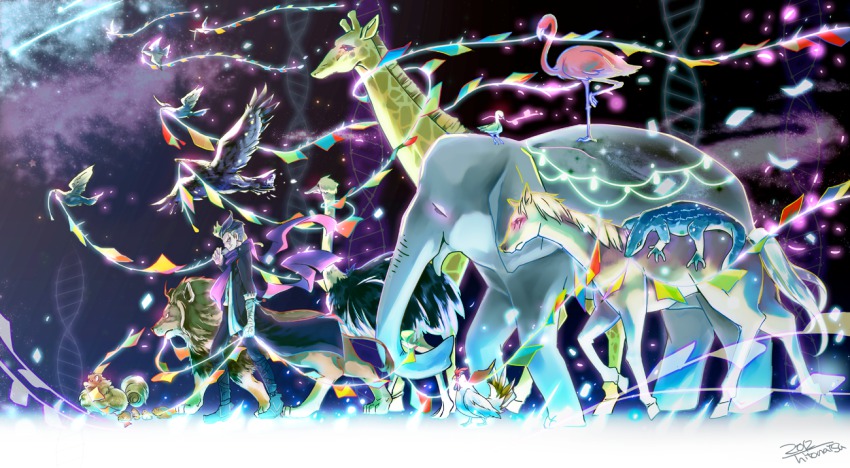 10s 1boy animal bandages bird black_hair boots cham-p chicken chuunibyou confetti danganronpa_(series) dog elephant flamingo giraffe hamster horse iguana_(animal) jacket jum-p lion maga-g multicolored_hair ostrich parade rooster scar scarf short_hair sun-d danganronpa_2:_goodbye_despair tanaka_gundham tanaka_gundam tokino_hitonatsu
