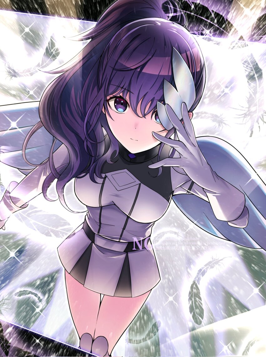 1girl asahina_mafuyu belt boots breasts closed_mouth feathers gloves harii_(janib5kc) high_ponytail highres holding holding_mask long_hair looking_at_viewer mask medium_breasts ponytail project_sekai purple_eyes purple_hair side_ponytail solo white_gloves wings