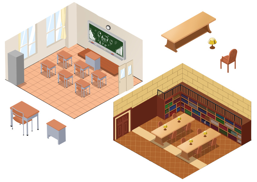 absurdres board_eraser bookshelf chair chalk chalkboard classroom clock commentary_request curtains desk diorama door heart highres lamp no_humans original rissenka sliding_doors table translation_request white_background window