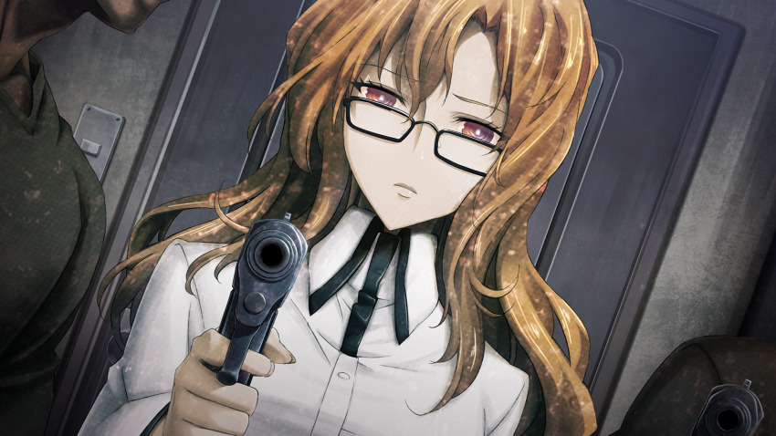 1girl 2boys adam&#039;s_apple black_trim blonde_hair breasts buttons closed_mouth collarbone collared_shirt door dutch_angle game_cg glasses gun hair_between_eyes handgun head_out_of_frame high_collar highres holding holding_gun holding_weapon huke indoors jitome kiryuu_moeka long_hair looking_at_viewer medium_breasts multiple_boys muscular muscular_male non-web_source official_art pink_eyes ringed_eyes shiny_lips shirt sleeve_slit square_pupils steins;gate steins;gate:_linear_bounded_phenogram weapon white_shirt