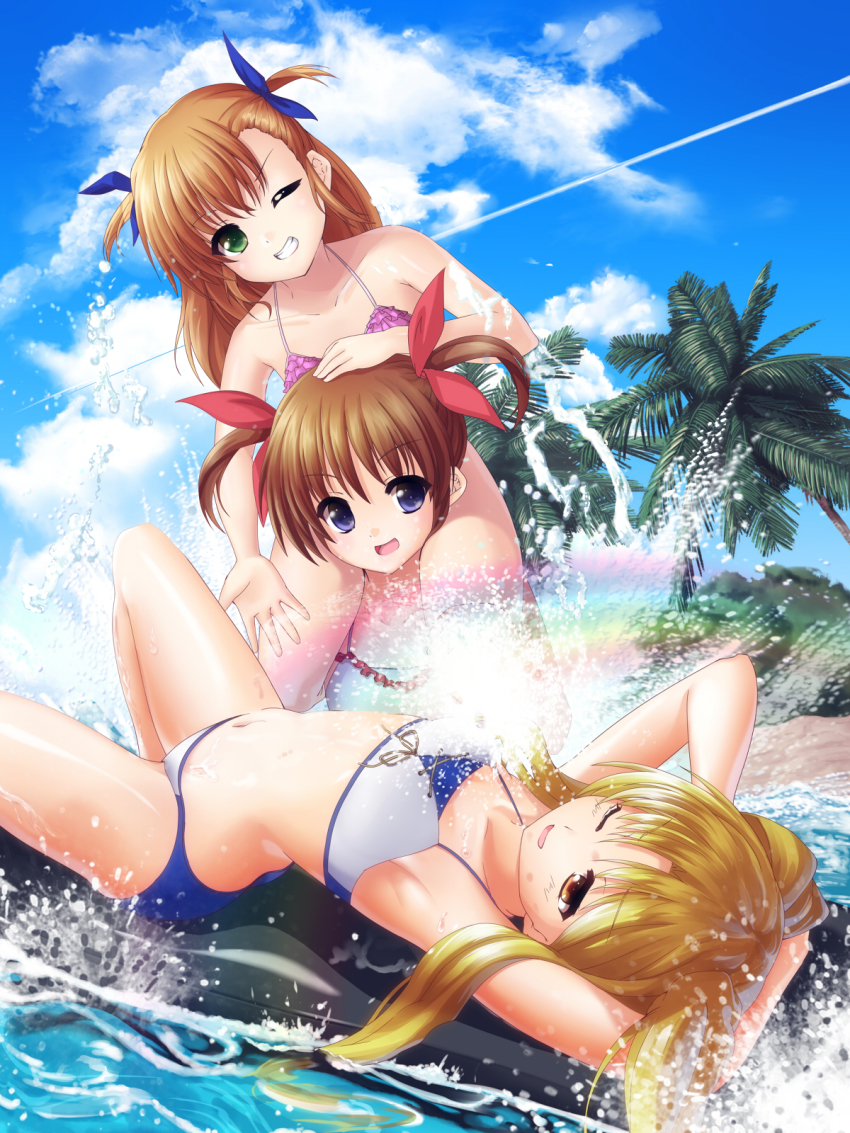 10s 3girls armpits bad_id bad_pixiv_id bikini blonde_hair cloud day fate_testarossa green_eyes grin hair_ribbon highres lying lyrical_nanoha mahou_shoujo_lyrical_nanoha mahou_shoujo_lyrical_nanoha_vivid mikami_(mikamicre) multiple_girls navel one_eye_closed open_mouth outdoors purple_eyes rainbow ribbon short_twintails sky smile swimsuit takamachi_nanoha teeth time_paradox tree twintails two_side_up vivio water wink yellow_eyes