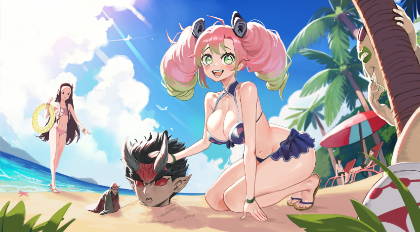 2girls 5boys :d absurdres alternate_costume alternate_hairstyle beach bikini black_hair black_male_swimwear black_swim_trunks blue_bikini blue_sky breasts brown_hair buried cleavage cloud colored_sclera day demon demon_boy demon_horns frilled_bikini frills green_eyes green_hair gyokko_(kimetsu_no_yaiba) hantengu_(kimetsu_no_yaiba) highres horns kamado_nezuko kamado_tanjirou kanroji_mitsuri kimetsu_no_yaiba kneeling large_breasts long_hair looking_at_viewer male_swimwear mole mole_under_eye mr_tangsuyuk multicolored_hair multiple_boys multiple_girls navel no_pupils ocean open_mouth outdoors pink_bikini pink_hair red_sclera sand short_hair sky smile swim_trunks swimsuit tokitou_muichirou tree twintails vase water