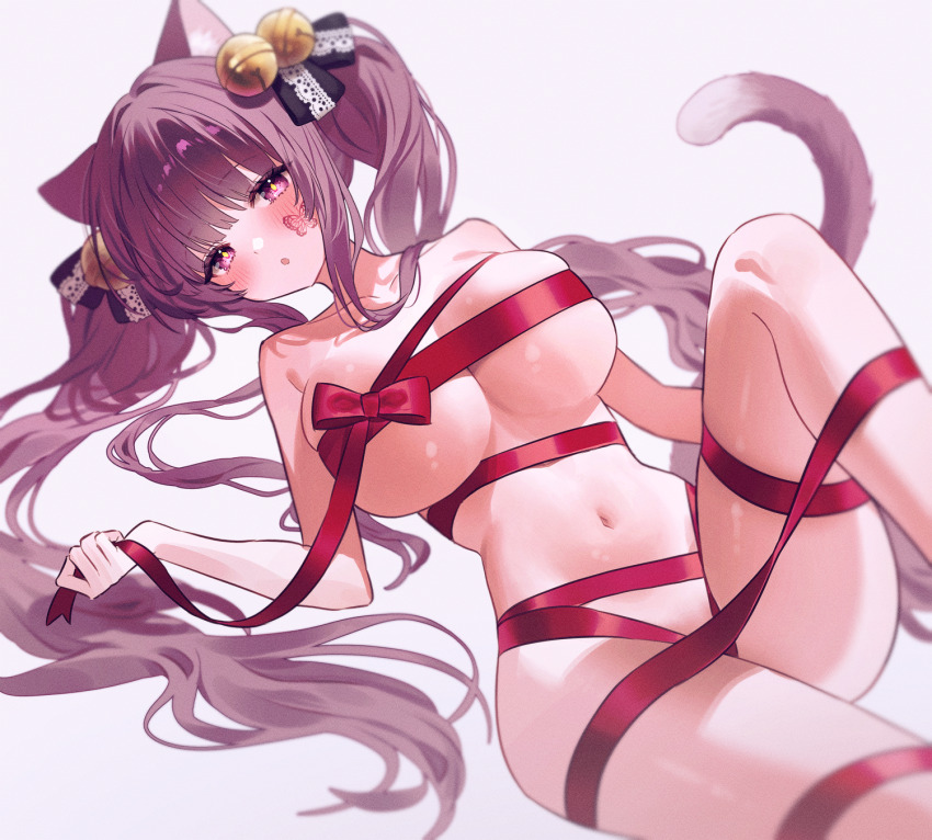 1girl :o animal_ears bell breasts bright_pupils butterfly_facial_mark cat_ears cat_girl cat_tail cleavage commentary_request commission facial_mark facial_tattoo fymrie hair_bell hair_ornament highres jingle_bell knee_up large_breasts long_hair looking_at_viewer lying naked_ribbon navel on_back open_mouth original parted_lips pink_eyes purple_eyes purple_hair red_ribbon ribbon simple_background solo stomach sul-lin-a_(hurukku) tail tattoo thighs twintails white_background