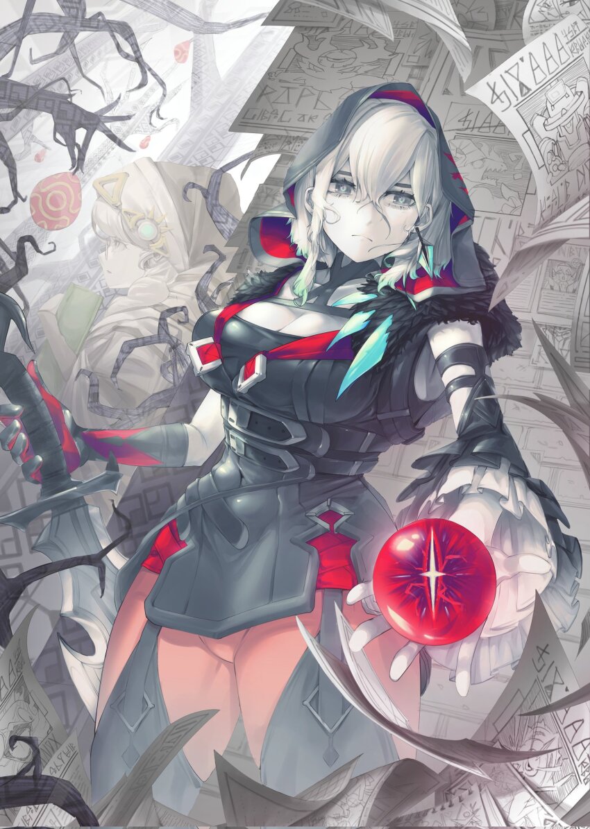 2girls astellar_of_the_white_forest black_dress breasts cleavage colored_skin colossuss777 cowboy_shot dagger diabellstar_the_black_witch dress duel_monster earrings green_hair grey_hair grey_skin highres holding holding_dagger holding_knife holding_weapon jewelry knife large_breasts medium_hair monocle multicolored_hair multiple_girls pantyhose red_pantyhose streaked_hair wanted_poster weapon yu-gi-oh!