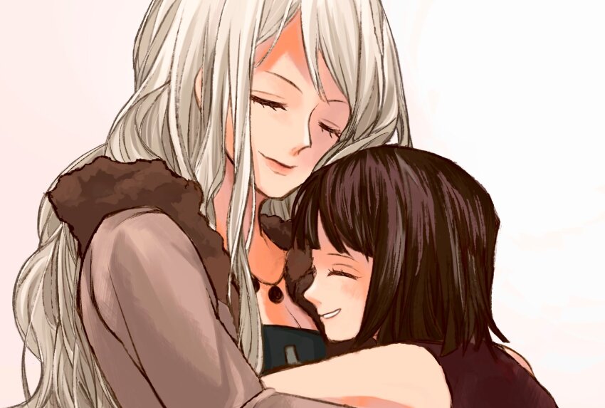 2girls ^_^ aged_down black_hair blunt_bangs child closed_eyes closed_mouth coat fur-trimmed_coat fur_trim highres hug long_hair mother_and_daughter multiple_girls nico_olvia nico_robin one_piece simple_background sinoda_maru7326 smile white_background white_hair