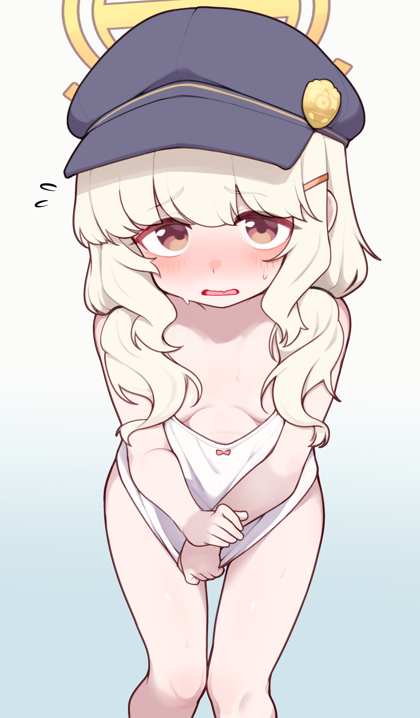1girl absurdres aoba_(blue_archive) bare_arms bare_shoulders blonde_hair blue_archive blue_background blue_hat blush bow bow_camisole breasts brown_eyes camisole camisole_pull clothes_pull covering_privates dot_nose embarrassed feet_out_of_frame flying_sweatdrops gradient_background hair_ornament hairclip halo hand_up hat highres lk149 loli long_hair looking_at_viewer low_twintails naked_shirt newsboy_cap open_mouth peaked_cap pink_bow shirt simple_background small_breasts solo standing sweat sweatdrop thighs twintails wavy_mouth white_background white_camisole yellow_halo