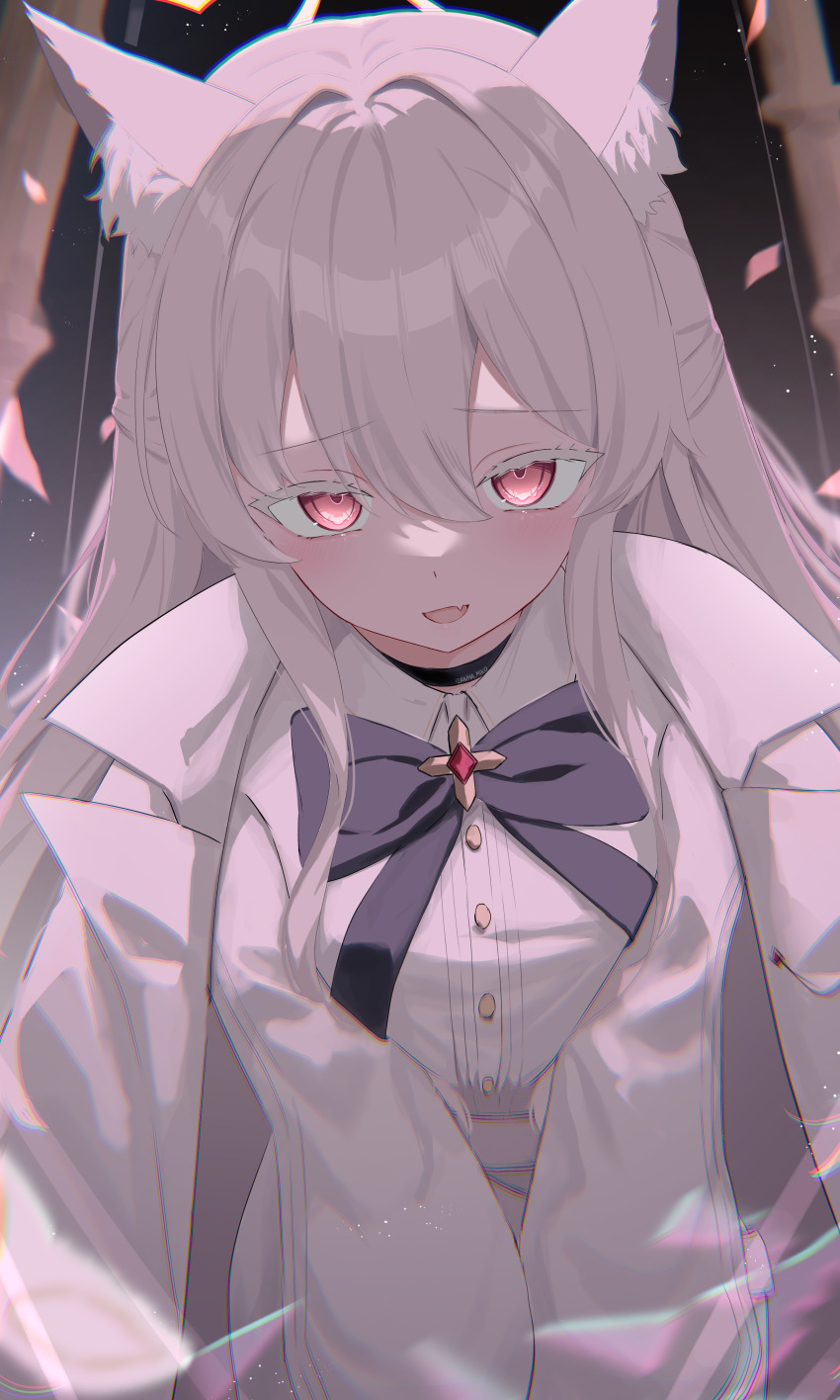 1girl absurdres akira_(blue_archive) anima_miko animal_ear_fluff animal_ears belt black_bow black_bowtie blouse blue_archive bow bowtie cat_ears cat_girl cat_tail coat coat_on_shoulders colored_eyelashes eye_mask gloves highres holding holding_mask long_hair long_sleeves mask pants phantom_thief red_eyes ribbon shirt tail white_belt white_eyelashes white_gloves white_pants white_shirt