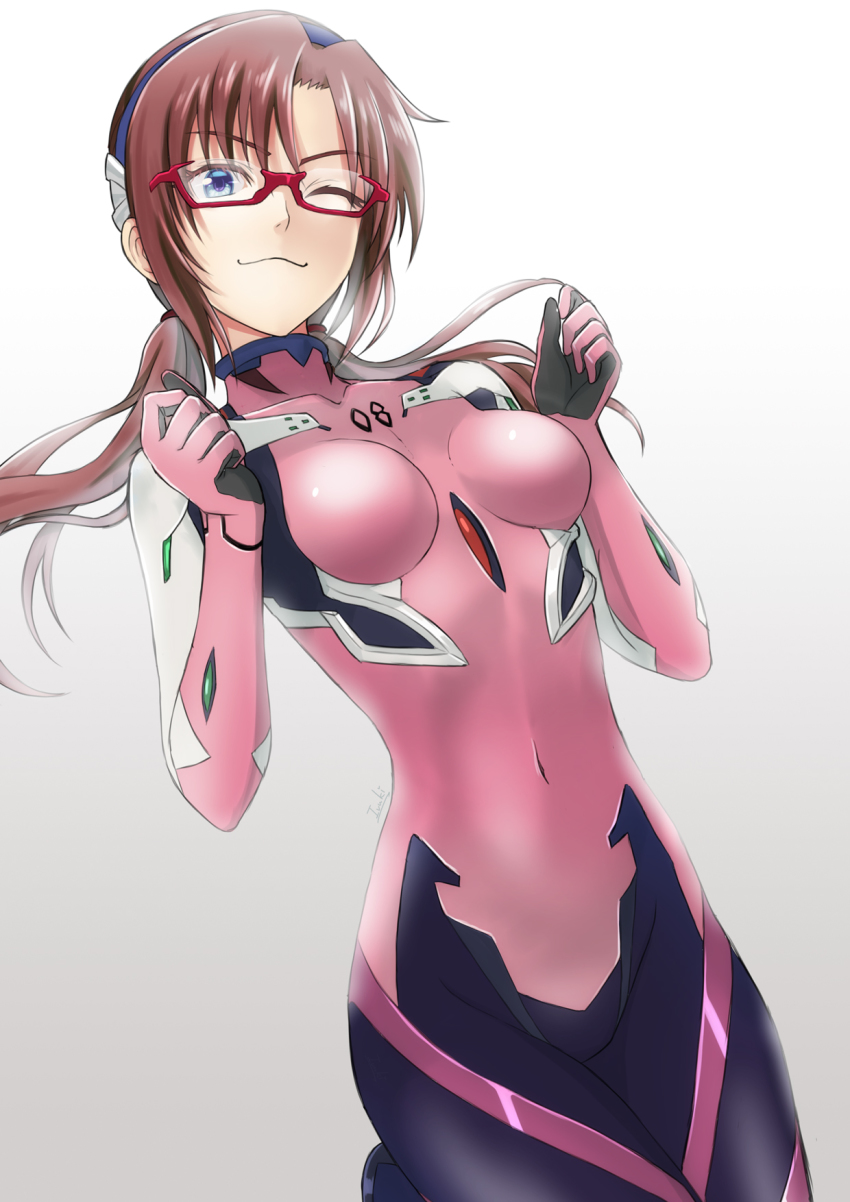 1girl ;3 alternate_breast_size black_hairband bodysuit breasts breasts_apart brown_hair closed_mouth floating_hair glasses gloves grey_gloves hairband highres ivuki long_hair low_twintails makinami_mari_illustrious mecha_pilot_suit neon_genesis_evangelion one_eye_closed pink_bodysuit plugsuit_(evangelion) rebuild_of_evangelion red-framed_eyewear small_breasts solo twintails