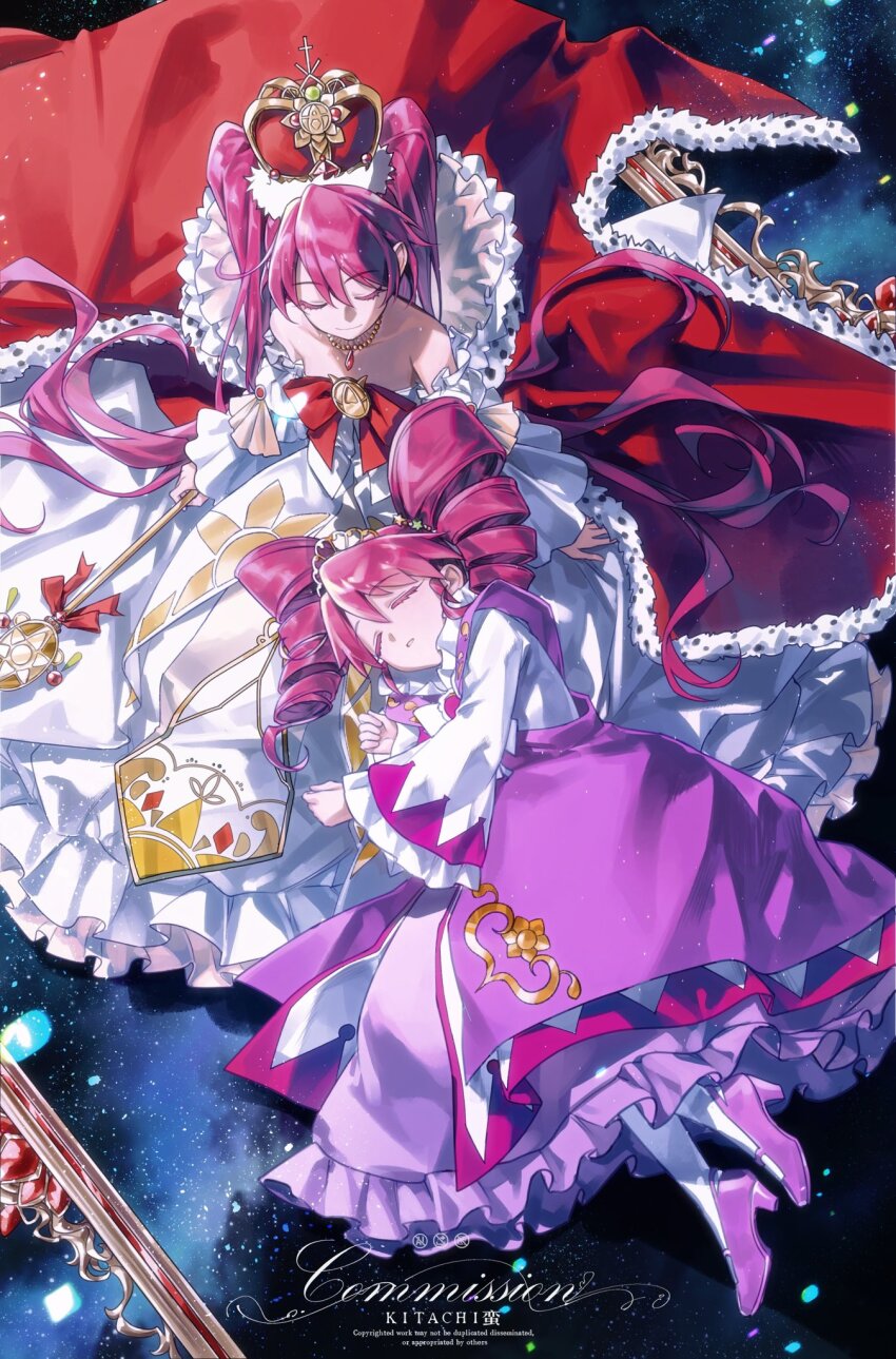 2girls bare_shoulders bow bowtie brooch cape closed_eyes closed_mouth collared_shirt commentary commission crown dress drill_hair dual_persona english_commentary eyelashes fine_(futagohime) fine_(prominence_dress_up)_(futagohime) fine_(prominence_eternal_miracle_change)_(futagohime) frilled_dress frilled_shirt_collar frilled_sleeves frills full_body fur-trimmed_cape fur-trimmed_headwear fur_trim fushigiboshi_no_futago_hime gold_tiara gown hair_between_eyes hair_spread_out high_collar high_heels highres holding holding_scepter jewelry lap_pillow light_blush long_dress long_hair long_sleeves lying magical_girl multiple_girls off-shoulder_dress off_shoulder on_back pantyhose parted_lips picture_frame pink_dress pink_hair pink_shoes princess pumps red_bow red_bowtie red_cape red_crown sample_watermark scepter shirt shoes sitting sleeping smile space sun_print twin_drills twintails very_long_hair watermark white_dress white_pantyhose white_shirt wide_sleeves xxlsid48