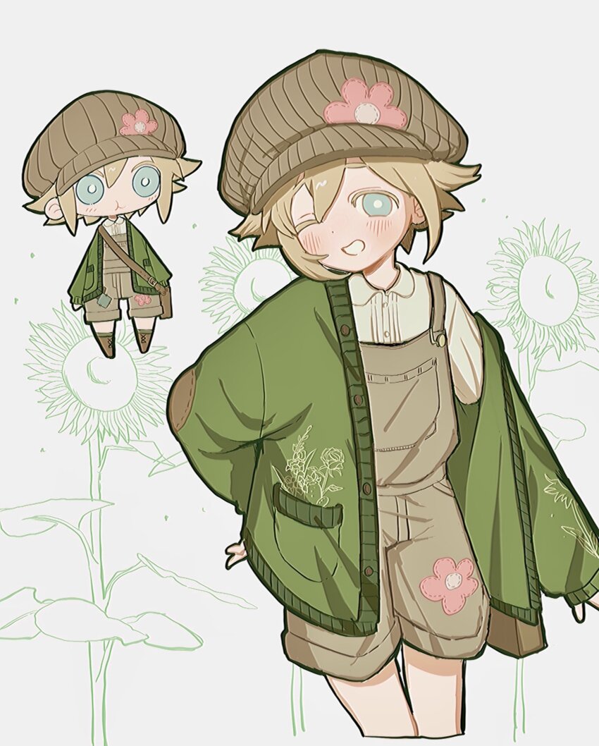 1boy absurdres basil_(birthday)_(omori) basil_(faraway)_(omori) basil_(omori) blonde_hair blue_eyes bright_pupils brown_hat brown_overalls chibi collared_shirt green_sweater grin hat highres long_sleeves looking_at_viewer male_focus official_alternate_costume omori one_eye_closed overall_shorts overalls parted_lips shirt short_hair smile solo sweater tate_ware_anal teeth white_pupils white_shirt