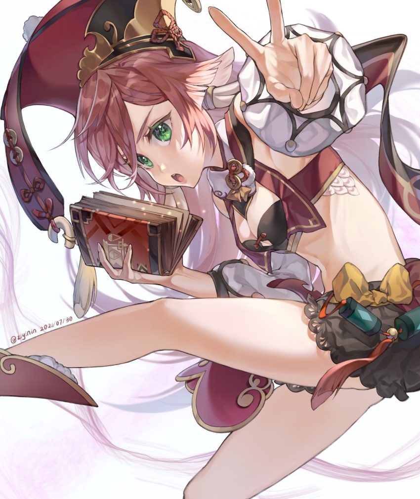 1girl antlers bare_shoulders black_bloomers black_bra bloomers book bow bra breasts cleavage cleavage_cutout clothing_cutout crop_top dated detached_sleeves fingernails from_side genshin_impact green_eyes hair_between_eyes hat highres holding holding_book horns long_fingernails long_hair looking_at_viewer midriff navel open_book open_mouth pink_hair profile red_footwear red_hat red_skirt revealing_clothes scales sidelocks simple_background skirt small_breasts solo standing standing_on_one_leg teeth twitter_username underwear upper_teeth_only v white_background white_sleeves yanfei_(genshin_impact) yellow_bow zi_yin