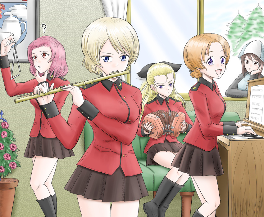 5girls ? accordion assam_(girls_und_panzer) black_footwear black_ribbon black_skirt blonde_hair blue_eyes blue_headwear blue_jacket blue_sky boots braid braided_bun brown_eyes brown_hair closed_mouth commentary couch darjeeling_(girls_und_panzer) day elbow_rest emblem flute frown girls_und_panzer hair_bun hair_pulled_back hair_ribbon hand_on_own_chin harukai-i hat head_rest highres holding holding_instrument indoors instrument jacket keizoku_military_uniform long_hair long_sleeves looking_at_another looking_at_viewer medium_hair mika_(girls_und_panzer) military military_uniform miniskirt multiple_girls music on_couch open_mouth open_window orange_hair orange_pekoe_(girls_und_panzer) organ_(instrument) parted_bangs plant playing_instrument pleated_skirt potted_plant raglan_sleeves red_hair red_jacket ribbon rosehip_(girls_und_panzer) sheet_music short_hair sitting skirt sky smile st._gloriana&#039;s_(emblem) st._gloriana&#039;s_military_uniform standing track_jacket triangle_(instrument) tulip_hat twin_braids window