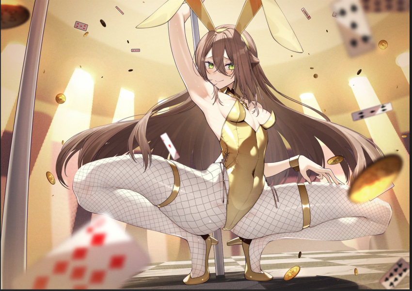 1girl adele_(fate) animal_ears blurry breasts brown_hair card cluseller coin depth_of_field detached_collar eight_of_clubs fate_(series) fishnet_pantyhose fishnets five_of_clubs five_of_spades gold_leotard gold_shoes green_eyes hair_between_eyes hair_flaps high_heels leotard long_hair necktie nine_of_diamonds pantyhose playboy_bunny playing_card pole pole_dancing rabbit_ears shoes side-tie_leotard solo squatting strapless strapless_leotard stripper_pole wrist_cuffs yellow_necktie