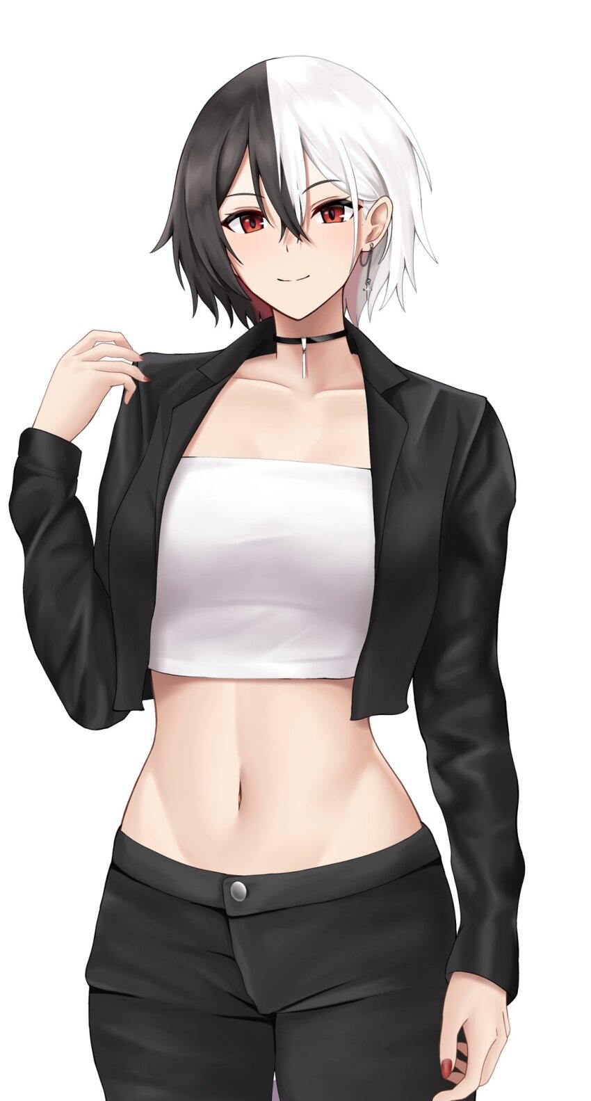 1girl azur_lane banba_(jakqbigone) black_choker black_hair black_jacket black_pants bruenhilde_(azur_lane) choker collarbone commentary_request cowboy_shot earrings hair_between_eyes highres jacket jewelry long_sleeves looking_at_viewer midriff multicolored_hair nail_polish navel open_clothes open_jacket pants red_eyes red_nails short_hair simple_background smile solo standing stomach strapless tube_top two-tone_hair white_background white_hair