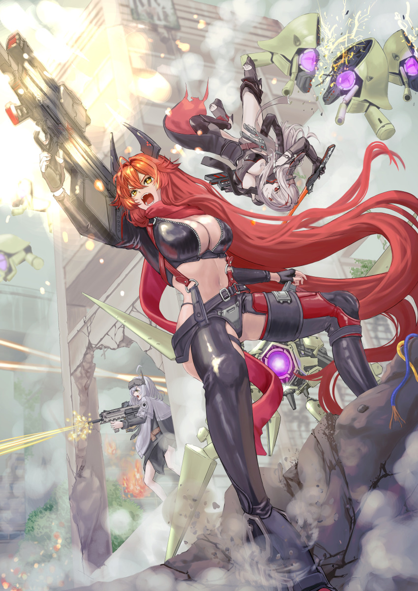 3girls absurdres ahoge antenna_hair anti-materiel_rifle arm_guards arm_up armor armored_bodysuit assault_rifle barrett_m82a2 black_bodysuit black_dress black_gloves black_jacket black_pants bodysuit breasts bullpup cleavage cloak clothing_cutout commentary_request crotch_plate dress fingerless_gloves firing full_body gloves goddess_of_victory:_nikke grey_hair gun hair_between_eyes hair_flaps head-mounted_display highres hip_vent holding holding_gun holding_sword holding_weapon horns jacket japanese_armor large_breasts leather leather_jacket leather_pants leg_cutout long_hair long_sleeves mechanical_horns midriff multiple_girls navel official_alternate_costume open_mouth pants parted_lips rapture_(nikke) red_eyes red_hair red_hood_(nikke) red_scarf rifle rilyriri rubble scarf scarlet_(black_shadow)_(nikke) scarlet_(nikke) sidelocks sniper_rifle snow_white_(innocent_days)_(nikke) snow_white_(nikke) standing suspenders sword teeth unzipped upside-down very_long_hair weapon white_cloak white_hair yellow_eyes zipper