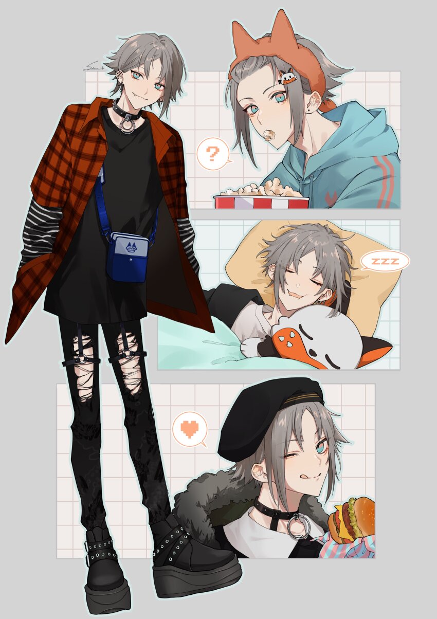 1boy ;q ? absurdres animal_ear_hairband animal_ears artist_name bag bangs_pinned_back barbell_piercing beret black_choker black_hat black_pants black_shirt black_shoes blanket blue_bag blue_eyes blue_hoodie blue_outline brown_hair burger choker closed_eyes closed_mouth collared_shirt commentary cross cross_earrings drawstring drooling ear_piercing earrings english_commentary fake_animal_ears fang fang_out food food_in_mouth forehead fur_trim grey_background hair_ornament hairband hands_in_pockets hat heart highres hood hood_down hoodie industrial_piercing jewelry layered_sleeves long_sleeves looking_at_viewer male_focus messy_hair mouth_drool multicolored_eyes multiple_views mysta_rias mystake_(mysta_rias) napkin nijisanji nijisanji_en one_eye_closed open_clothes open_mouth open_shirt orange_hairband outline pants parted_bangs piercing pillow pink_eyes plaid_clothes plaid_shirt platform_shoes popcorn red_shirt saw_(dtn_error) shirt shoes short_hair short_over_long_sleeves short_sleeves sidelocks signature simple_background sleeping smile speech_bubble spiked_choker spiked_ear_piercing spikes spoken_heart spoken_question_mark spoken_zzz striped_sleeves stud_earrings studded_choker tongue tongue_out torn_clothes torn_pants upper_body virtual_youtuber white_shirt zzz