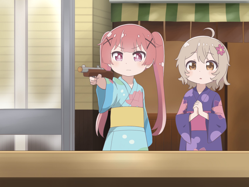 2girls ahoge akaki_aoyama bow brown_eyes brown_hair commentary english_commentary flower hair_flower hair_ornament hairclip highres holding_toy_gun japanese_clothes kimono konomori_kanon long_hair long_sleeves multiple_girls obi own_hands_together parted_lips pink_eyes red_bow sash tanemura_koyori toy_gun traditional_media twintails v-shaped_eyebrows watashi_ni_tenshi_ga_maiorita! x_hair_ornament