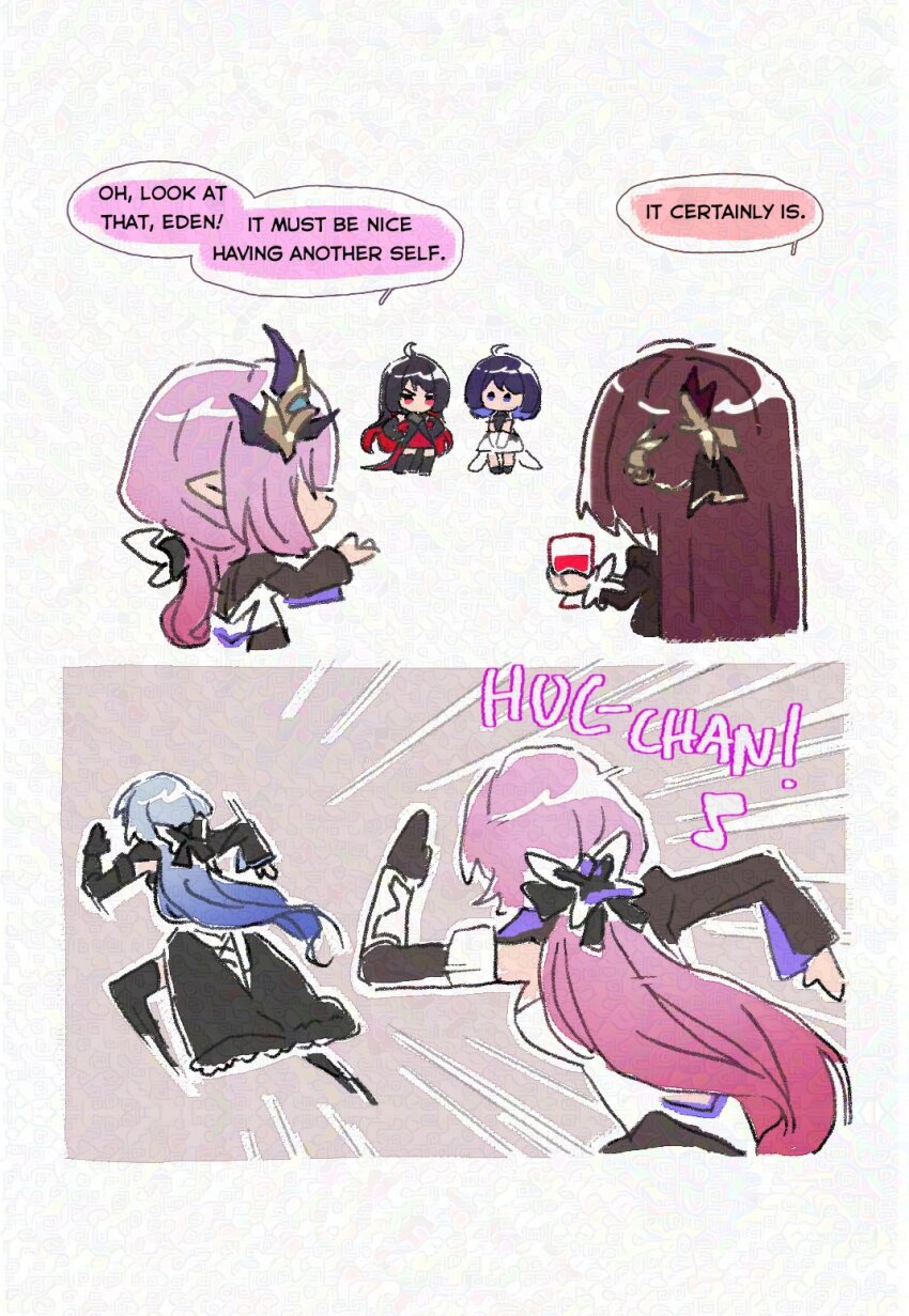 5girls ahoge black_dress black_hair blue_hair brown_hair cape chibi crae_(craeyone) cup dress drinking_glass eden_(honkai_impact) elf elysia_(honkai_impact) elysia_(miss_pink_elf)_(honkai_impact) english_text herrscher_of_corruption highres holding holding_cup honkai_(series) honkai_impact_3rd long_hair multiple_girls musical_note pink_hair pointy_ears running seele_(alter_ego) seele_vollerei short_hair simple_background speech_bubble white_background white_dress wine_glass
