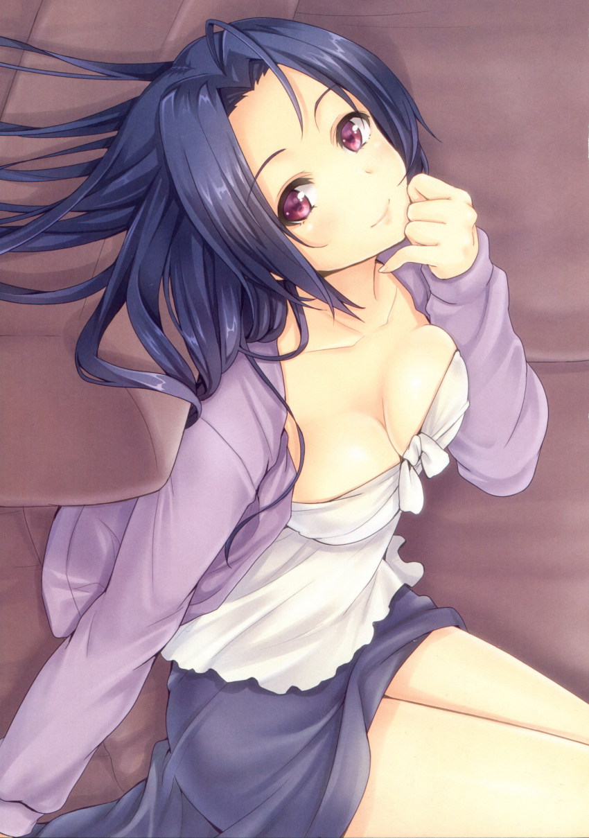 1girl absurdres blazer blue_hair breasts ch cleavage couch courreges_ace female_focus highres idolmaster idolmaster_(classic) indoors jacket long_hair looking_at_viewer lying medium_breasts miura_azusa on_back pinky_out purple_eyes scan sideways skirt smile solo