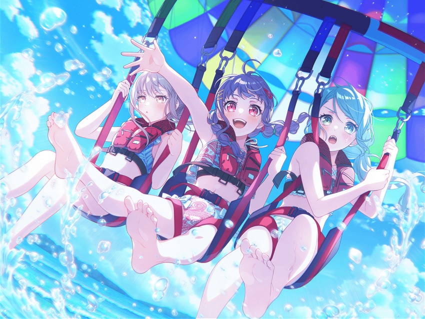 3girls :d air_bubble aqua_eyes aqua_hair arm_up bang_dream! barefoot bikini bubble cloud cloudy_sky dutch_angle floating_hair grey_hair hair_ornament hairclip hikawa_sayo long_hair low_ponytail minato_yukina multiple_girls ocean official_art open_mouth ponytail print_bikini purple_hair red_eyes sitting sky smile swimsuit swing swing_set swinging third-party_source twintails udagawa_ako umbrella water waving wind
