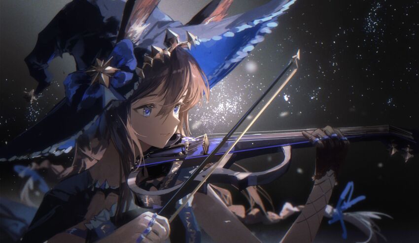 1girl ambience_synesthesia amiya_(arknights) amiya_(medic)_(arknights) amiya_(medic)_(solo_around_the_world)_(arknights) arknights black_background black_dress blue_eyes bow_(music) brown_hair closed_mouth dress ears_through_headwear frilled_hat frills gloves hair_between_eyes hat highres holding holding_bow_(music) instrument jewelry meinoss multiple_rings rabbit_girl ring single_glove two-sided_fabric two-sided_headwear violin witch_hat