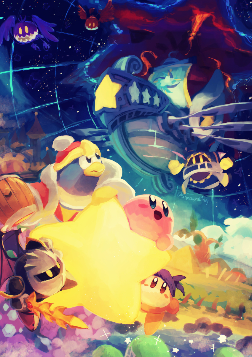 absurdres bandana bandana_waddle_dee bat_wings blue_bandana blue_skin blush_stickers cloud colored_skin disembodied_hand doomer_(kirby) galaxia_(sword) hammer highres holding holding_hammer holding_sword holding_weapon king_dedede kirby kirby&#039;s_return_to_dream_land kirby_(series) looking_at_another lor_starcutter magolor mask meta_knight nintendo no_humans pink_skin pyramid_(structure) rayman_limbs smile solid_oval_eyes sphere_doomer star_(sky) star_(symbol) suyasuyabi sword tree warp_star weapon wings