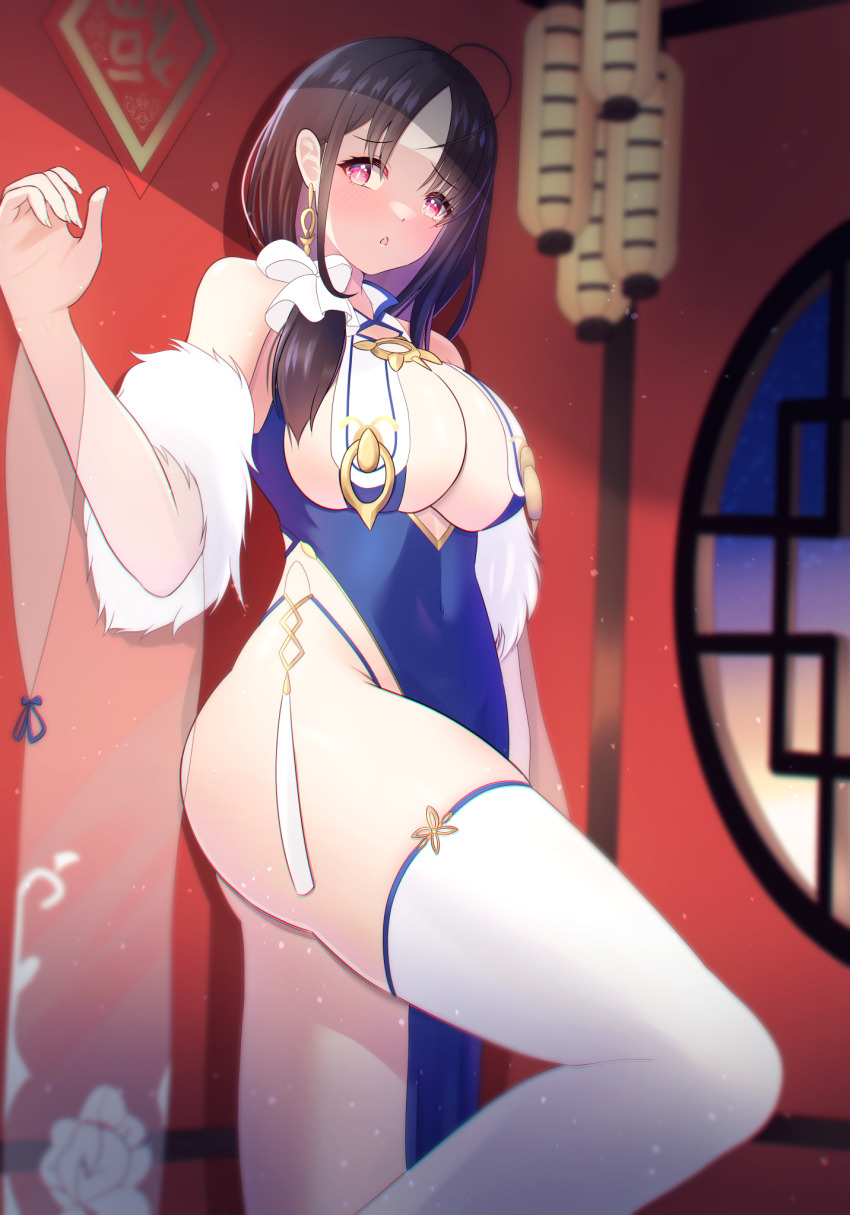 1girl azur_lane bare_shoulders black_hair blue_dress breast_curtains china_dress chinese_clothes dress earrings feet_out_of_frame framed_breasts from_side highres indoors jewelry long_hair pelvic_curtain purple_eyes round_window see-through_clothes see-through_sleeves solo standing standing_on_one_leg tako-san_wiener_(takosanuma) thighhighs ting_an_(azur_lane) white_thighhighs window