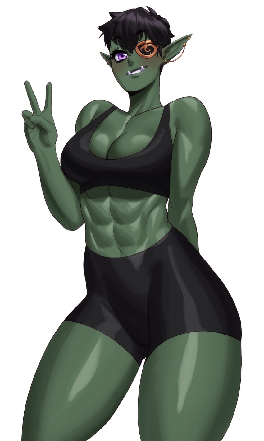 1girl abs absurdres bike_shorts black_hair black_shorts black_sports_bra breasts cleavage colored_skin eyepatch fangs female_orc green_skin highres large_breasts looking_at_viewer muscular muscular_female orc original pointy_ears purple_eyes short_hair shorts simple_background solo sotcho sports_bra sportswear tomboy tusks v white_background yui_(fumtheraccoon)