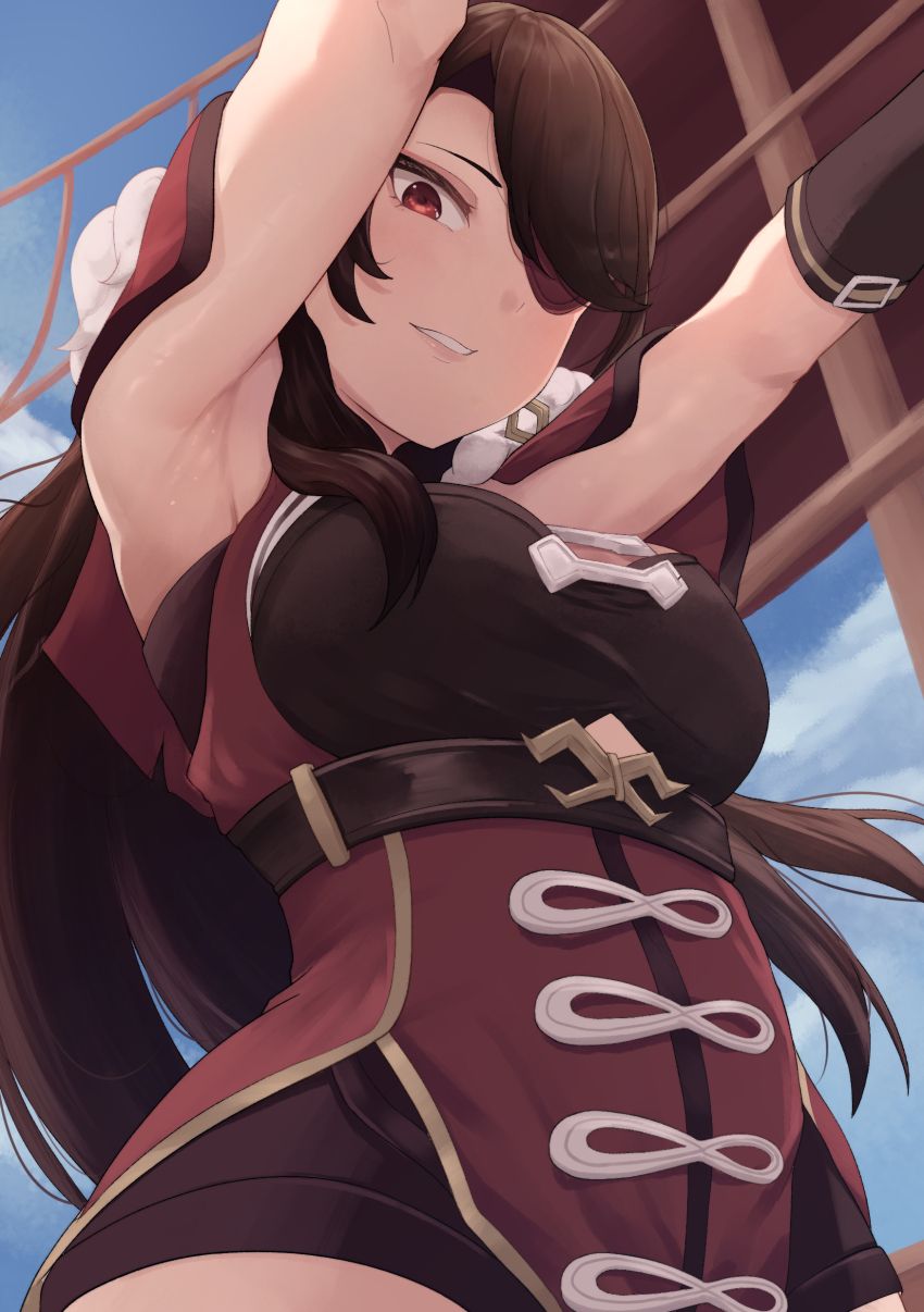 1girl absurdres armpits beidou_(genshin_impact) blue_sky blush breasts brown_hair capelet cloud cloudy_sky colored_eyepatch commentary cowboy_shot english_commentary eyepatch genshin_impact gloves gueya hair_over_one_eye high-waist_shorts highres large_breasts long_hair looking_at_viewer looking_down one_eye_covered outdoors paid_reward_available parted_bangs parted_lips red_capelet red_eyes short_shorts shorts sky sleeveless solo sweat swept_bangs underbust