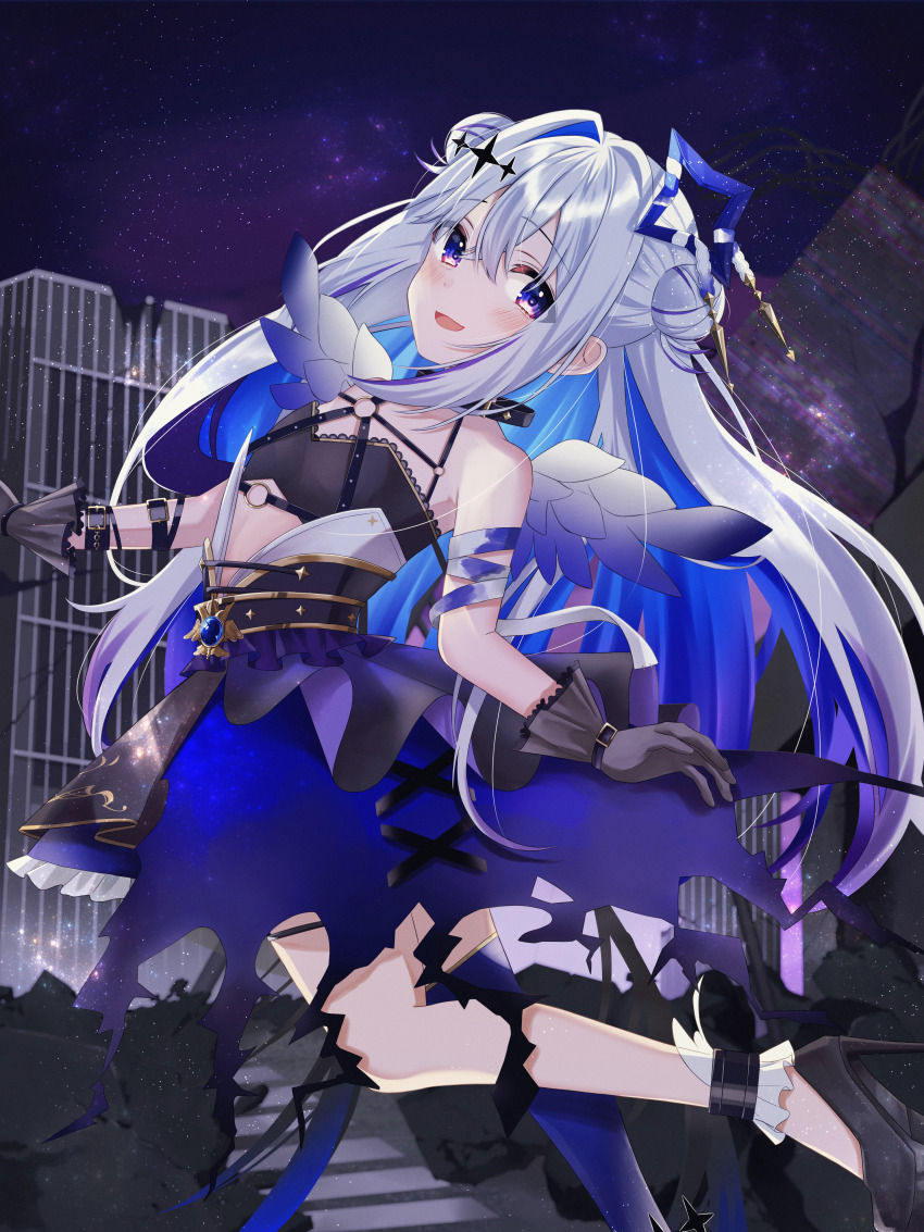 1girl absurdres amane_kanata amane_kanata_(another_world) angel_wings animal_collar ankle_garter anklet arm_strap bandaged_arm bandages belt black_belt black_bra black_collar black_footwear black_gloves black_skirt blue_hair blue_halo blue_skirt blue_thighhighs blue_wings bra building chest_harness collar colored_inner_hair commentary_request double_bun feathered_wings foot_out_of_frame gloves gold_trim gradient_hair gradient_wings grey_hair grey_wings hair_bun hair_intakes half_updo halo harness high-waist_skirt high_heels highres hololive jewelry lace lace-trimmed_bra lace_trim layered_skirt long_hair looking_at_viewer maki_oimo multicolored_hair multicolored_wings night o-ring o-ring_harness o-ring_top official_alternate_costume official_alternate_hairstyle open_mouth outdoors purple_eyes purple_hair sidelocks single_thighhigh skirt sky solo star_(sky) star_halo starry_sky strapless strapless_bra streaked_hair thighhighs torn_clothes torn_skirt underwear very_long_hair virtual_youtuber wings wrist_straps