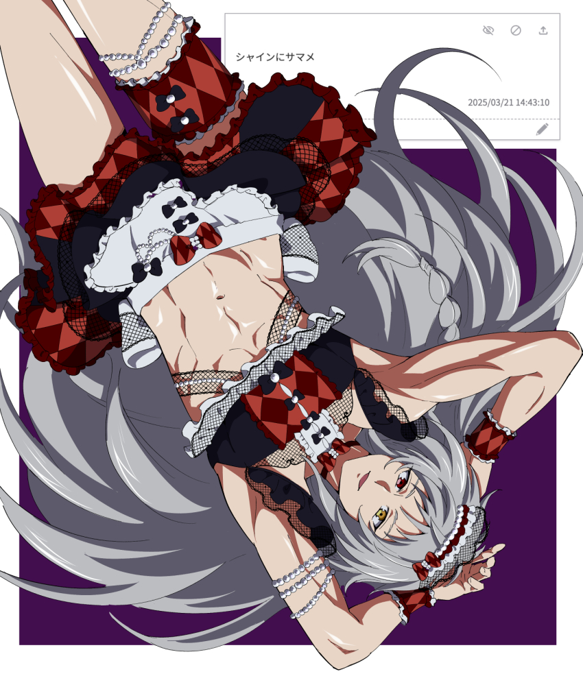 1boy abs arms_up bikini braid commentary_request crossdressing frilled_skirt frills grey_hair heterochromia highres idol_clothes king_of_prism kiratto_pri_chan long_hair looking_at_viewer lying maid maid_bikini maid_headdress male_focus muscular muscular_male on_back open_mouth pretty_rhythm pretty_series red_eyes red_skirt request_inset shine_(pretty_series) side_braid skirt smile solo summer_maid_coord swimsuit translation_request uma_(umagaobanana) unconventional_maid upside-down wrist_cuffs yellow_eyes