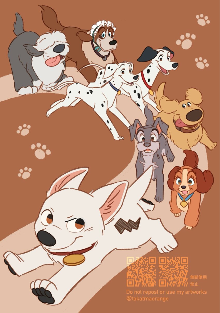 101_dalmatians 3girls 5boys bolt_(bolt) bolt_(movie) commentary_request company_connection disney dog dug_(up) full_body highres lady_(disney) lady_and_the_tramp multiple_boys multiple_girls no_humans open_mouth peg_(disney) perdita_(disney) pongo_(disney) qr_code ribbon simple_background smile takatmaorange tramp_(disney) up_(disney) watermark