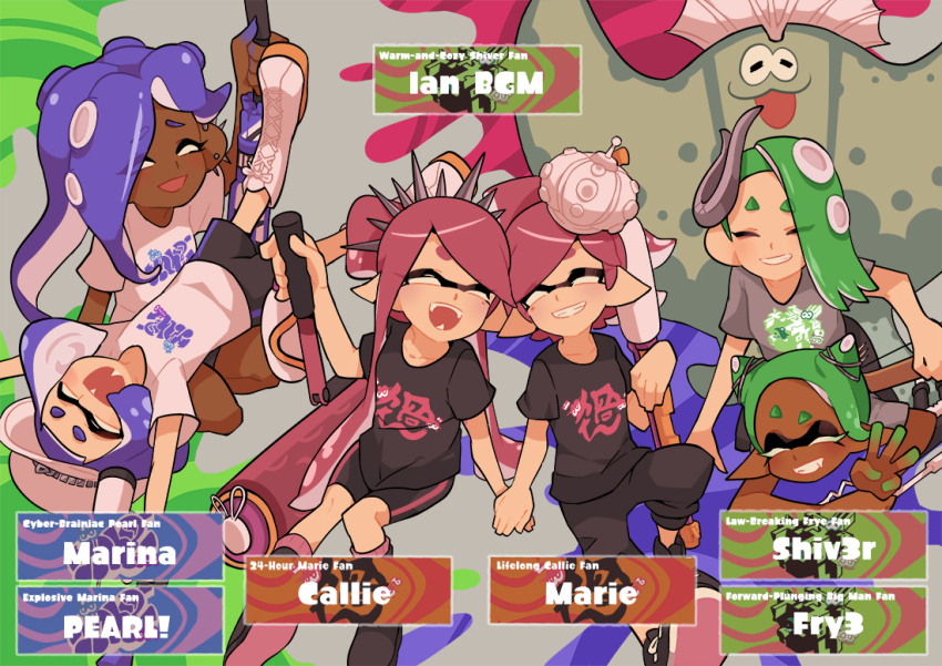1boy 6+girls :p arms_up big_man_(grand_festival)_(splatoon) big_man_(splatoon) bike_shorts black_footwear black_pants black_shirt black_shorts blush boots bow-shaped_hair callie_(grand_festival)_(splatoon) callie_(splatoon) character_name closed_eyes colored_extremities colored_eyelashes commentary dark-skinned_female dark_skin earrings english_commentary everyone fangs fingernails frye_(grand_festival)_(splatoon) frye_(splatoon) gomipomi green_hair grey_shirt grin hair_horns hair_ornament hair_over_one_eye hat holding holding_hands holding_weapon inkling jewelry lace-up_boots long_hair lying lying_on_lap lying_on_person marie_(grand_festival)_(splatoon) marie_(splatoon) marina_(grand_festival)_(splatoon) marina_(splatoon) medium_hair multiple_girls nintendo octoling on_stomach open_mouth outstretched_arms pants parted_bangs peaked_cap pearl_(grand_festival)_(splatoon) pearl_(splatoon) pink_hair pointy_ears print_shirt purple_hair sharp_fingernails shirt shiver_(grand_festival)_(splatoon) shiver_(splatoon) short_eyebrows short_hair short_sleeves shorts sitting smile splashtag_(splatoon) splat_brella_(splatoon) splat_charger_(splatoon) splat_dualies_(splatoon) splat_roller_(splatoon) splatoon_(series) splatoon_3 suction_cups swept_bangs tentacle_hair tongue tongue_out tri-stringer_(splatoon) twintails w weapon white_footwear white_hat white_shirt x_hair_ornament
