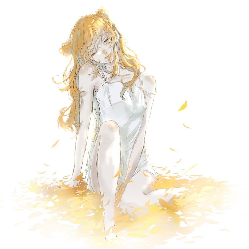 1girl blonde_hair blush closed_mouth double_bun falling_leaves hair_bun hands_on_ground highres knee_up leaf long_hair looking_at_viewer ninjin_14 non-web_source nose_blush on_ground one_eye_closed original simple_background sitting solo white_background white_chemise yellow_eyes yellow_leaves