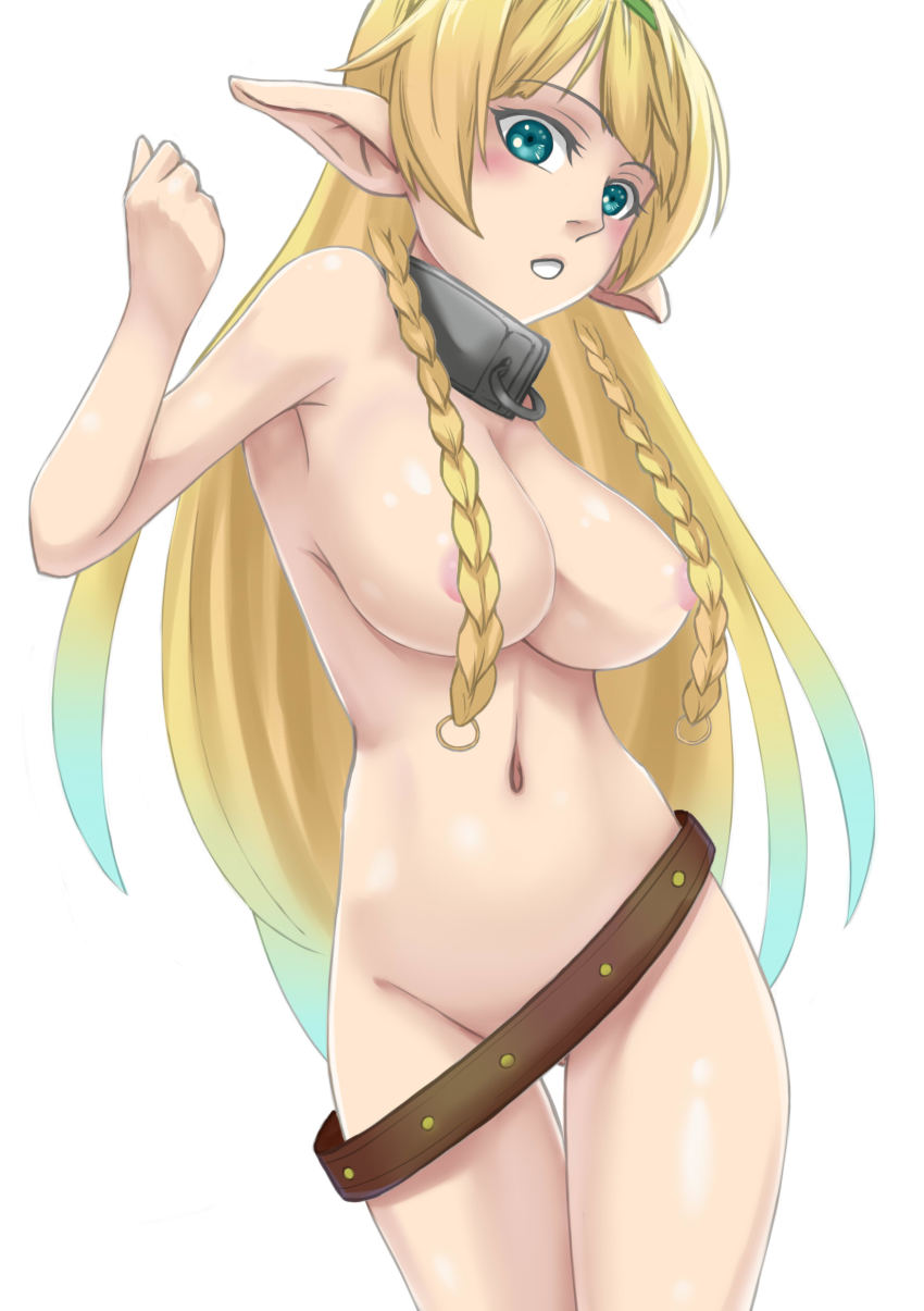 10s 1girl absurdres alternate_hair_color aqua_eyes armpits belt blonde_hair blush braid breasts collar convenient_censoring der_zweite elf female_focus gluteal_fold hair_censor hair_over_breasts highres huge_breasts isekai_maou_to_shoukan_shoujo_no_dorei_majutsu long_hair looking_at_viewer metal_collar multicolored_hair naked_belt navel nude parted_lips pointy_ears shera_l._greenwood simple_background solo standing white_background