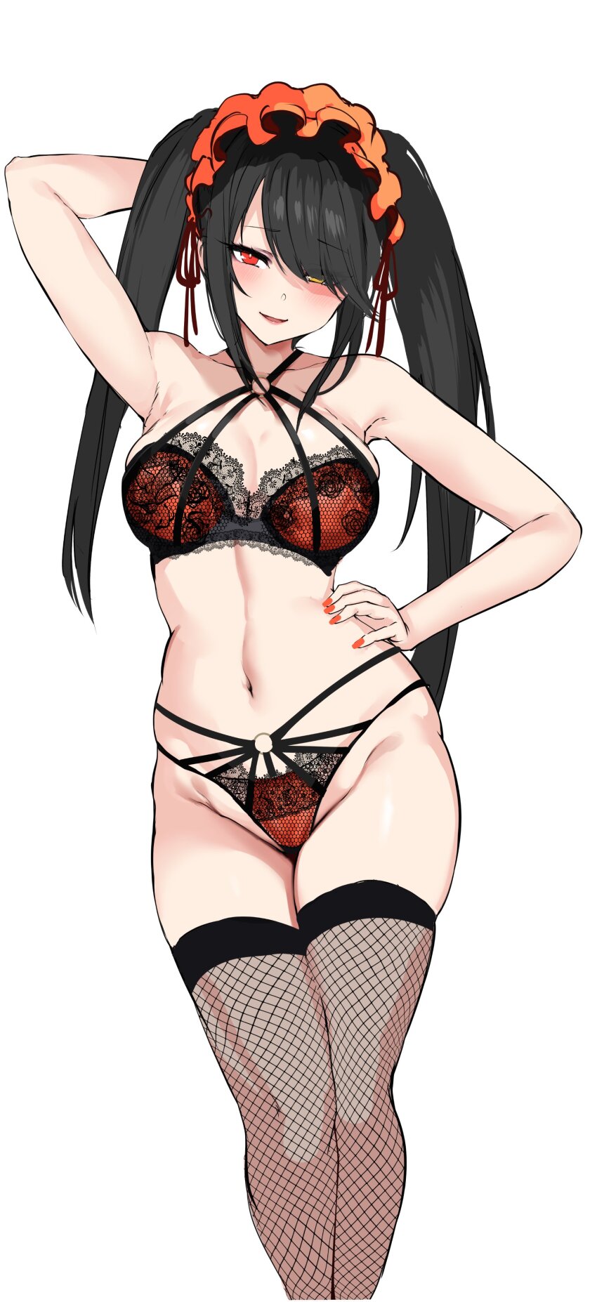 1girl absurdres agetama arm_up black_hair bra date_a_live fishnet_thighhighs fishnets hand_on_own_hip highres long_hair open_mouth panties red_bra red_eyes red_panties simple_background smile solo thighhighs tokisaki_kurumi twitter_username underwear white_background