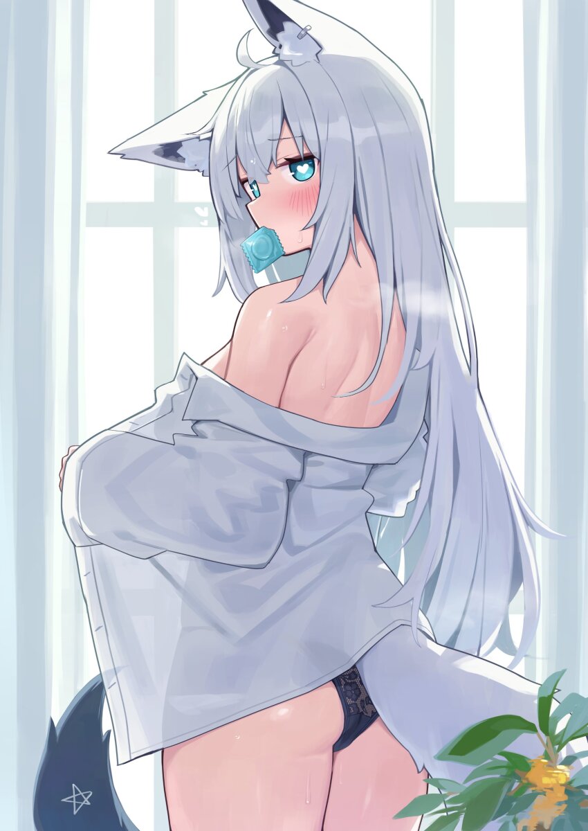 1girl absurdres alternate_costume animal_ears aqua_eyes ass back black_panties blush breasts commentary_request condom condom_in_mouth fox_ears fox_girl fox_tail from_behind hair_between_eyes hair_down heart heart-shaped_pupils highres hololive large_breasts long_hair looking_at_viewer mouth_hold off_shoulder panties pentagram see-through_silhouette shirakami_fubuki shirt solo symbol-shaped_pupils tail underwear verdey virtual_youtuber white_hair white_shirt
