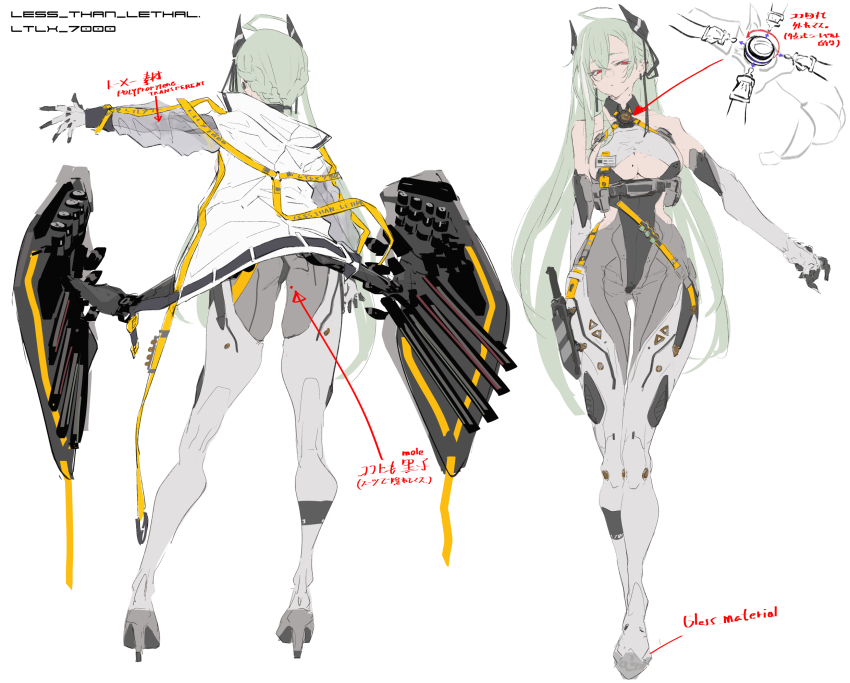 1girl afukuro ahoge aqua_hair arrow_(symbol) ass bare_shoulders breasts character_name cleavage_cutout clothing_cutout commentary_request earrings elbow_gloves full_body girls&#039;_frontline glass_footwear gloves grey_pantyhose hair_between_eyes hair_ribbon headgear high_heels highres holster jacket jewelry knife_sheath large_breasts long_hair looking_at_viewer ltlx_7000_(girls&#039;_frontline) mole mole_on_breast mole_on_neck multiple_views outstretched_arm pantyhose red_eyes ribbon see-through_clothes see-through_sleeves sheath shield_module sideboob simple_background standing strap thigh_gap thigh_holster thighhighs thighhighs_over_pantyhose translation_request very_long_hair white_background white_jacket white_thighhighs