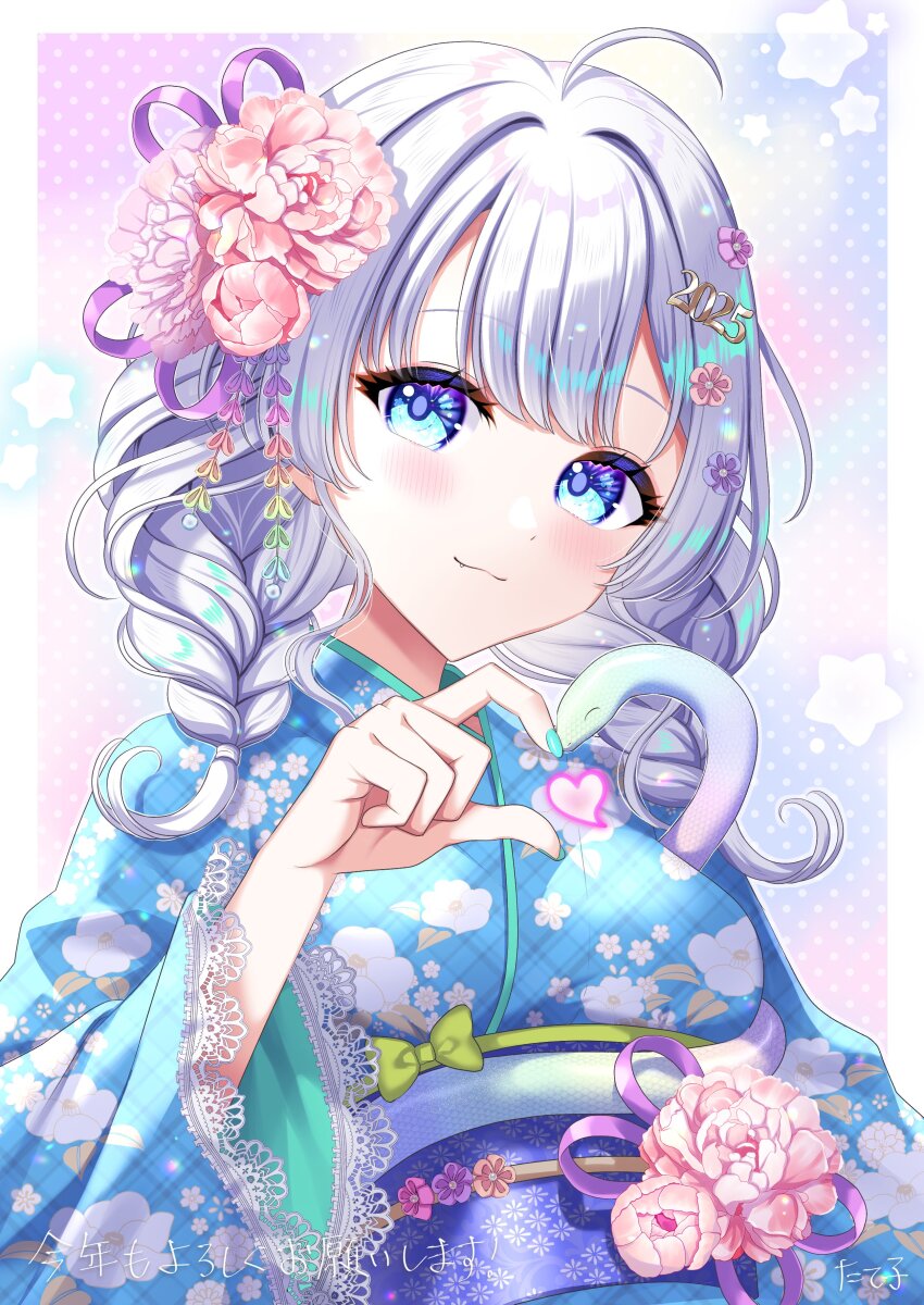 1girl absurdres aqua_nails blue_eyes blue_kimono blue_sash blush braid breasts closed_mouth commentary_request cowlick fingernails floral_print floral_print_kimono flower hair_flower hair_ornament half-heart_hands highres japanese_clothes kimono long_hair looking_at_viewer medium_breasts nail_polish obi original pink_flower print_kimono sash snake solo tateko25wiz translation_request upper_body white_hair white_snake