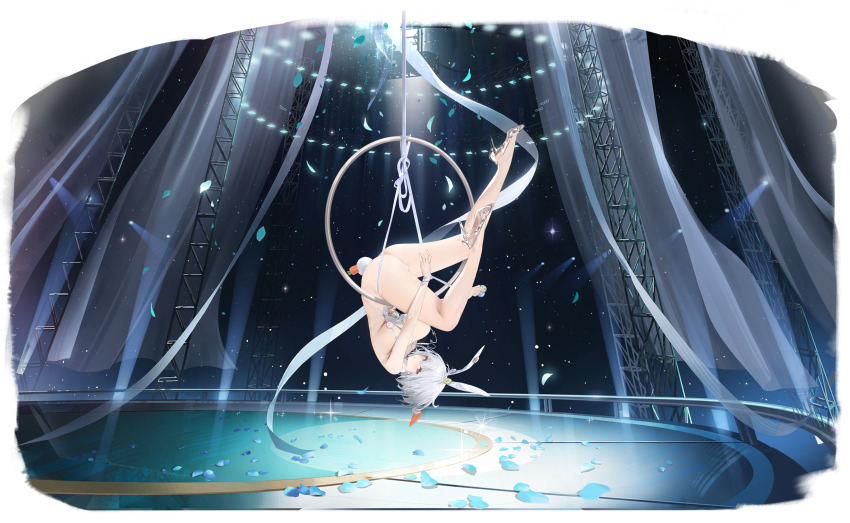 1girl absurdres aerial_hoop animal_ears ass ayanami_(azur_lane) azur_lane breasts cable carrot character_pin closed_mouth curtains from_side grey_hair grey_leotard gymnastics hair_between_eyes hermes_(azur_lane) high_heels highres holding kincora large_breasts leotard looking_at_viewer medium_hair non-web_source nontraditional_playboy_bunny official_alternate_costume official_art petals rabbit_ears rabbit_tail red_eyes revealing_clothes see-through_clothes see-through_footwear sideboob sirius_(azur_lane) sirius_(rabbit_of_paradise)_(azur_lane) solo stage stage_lights tail thighs upside-down